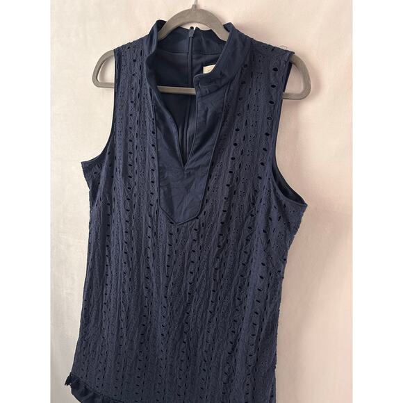 Eliza J Eyelet Shift Dress Navy Blue Tassel Sun Dress Beachy Cotton Tank Size 16 - Picture 2 of 5